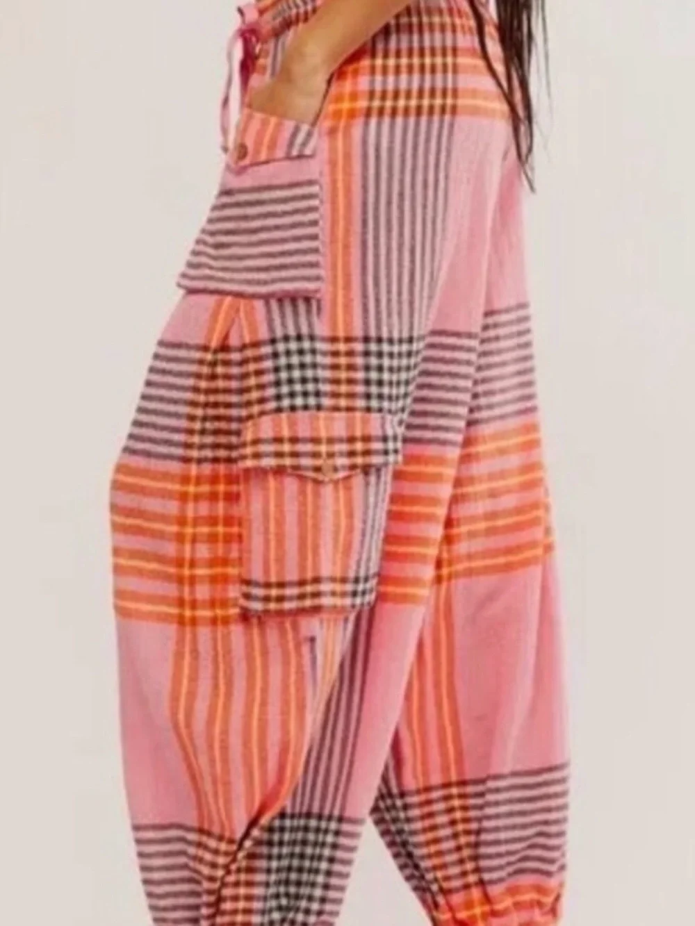 Free People Crafted Plaid Cargo Pants Pink Combo Womens Small NEW Cotton